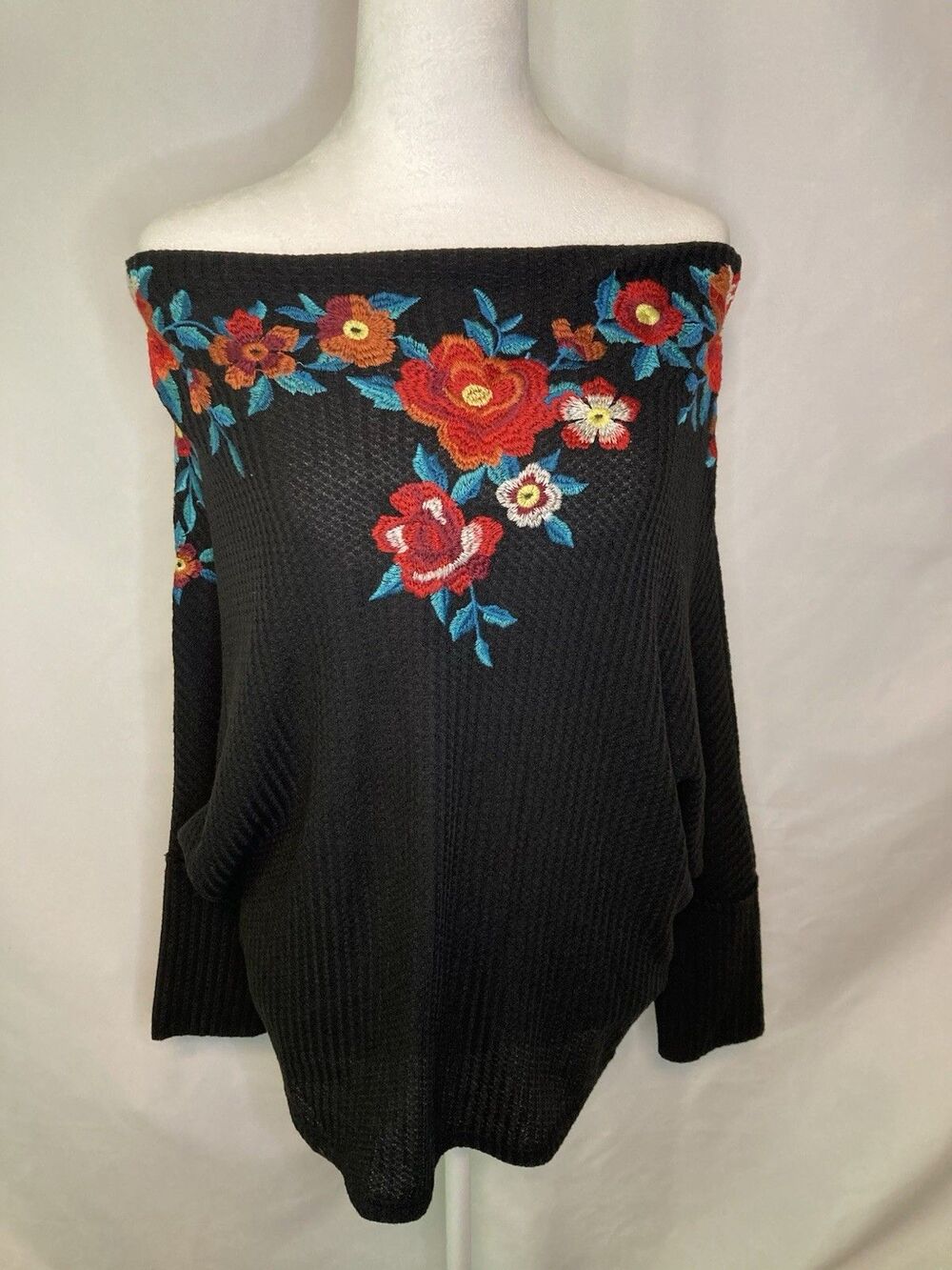 Umgee Embroidered Boho Top M Off Shoulder Oversized Tunic Black Hippie Peasant